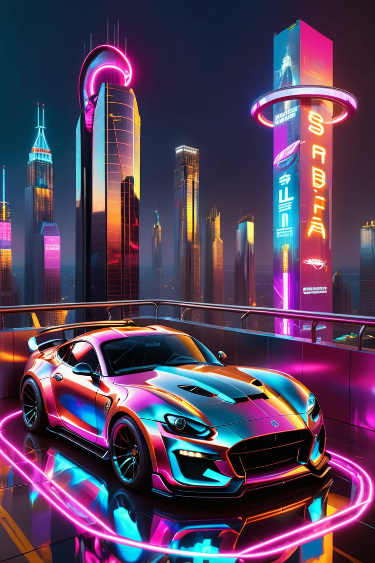 1 car, A sleek Shelby Cobra (cyberpunk fersion) sits atop a futuristic skyscraper's rooftop parking garage, surrounded by a halo of neon lights reflecting off its metallic body. The cityscape unfolds below, a tapestry of towering skyscrapers and holographic advertisements casting a vibrant glow. No humans