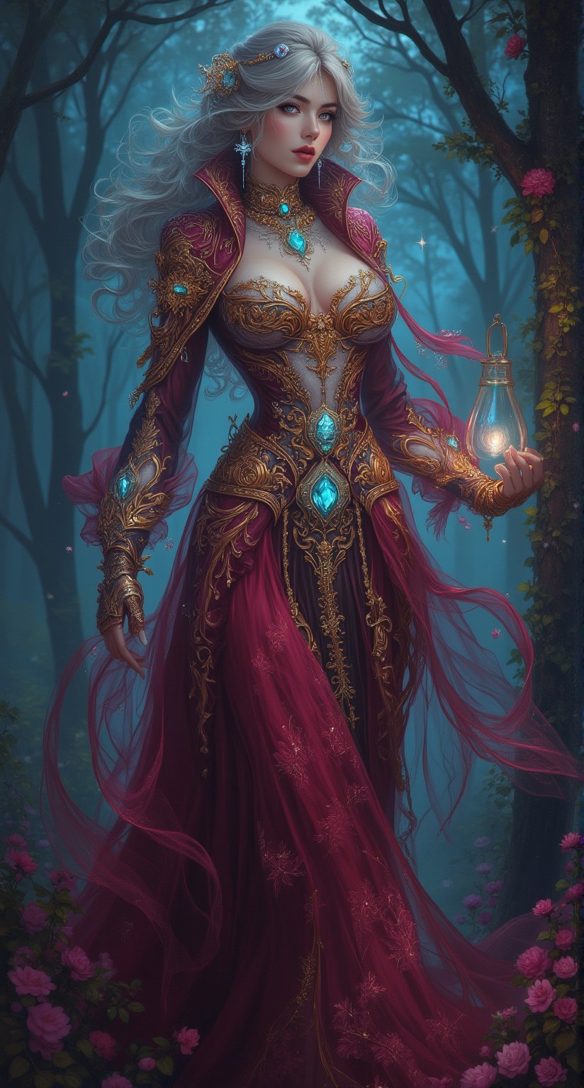 In the mystical forest, where moonlight weaves a silver tapestry across the floor, a stunning sorceress emerges from the shadows. She stands tall, veiled in crimson silk that cascades like a waterfall of night down her shoulders. Her eyes aglow like embers, she strikes a pose, emphasizing her impressive bosom beneath the tulle cape that unfurls behind her like a cloud.

The forest floor is strewn with flowers, their delicate petals reflecting the intricate gold Phoenix embroidery that wraps around her neck like a serpent. The incomparable details of her beauty are matched only by the delicacy of her skin, which seems to radiate an inner light. Her long, flowing hair appears to writhe and shift like a living thing, entwined with crystal and silver threads that glint like starlight.

As she moves, a gorgeous sacred pink pattern spreads across her arms and torso, as if the essence of magic had been distilled into her being. Her skin is taut and unblemished, with a subtle sheen that hints at the power coursing through her veins. She wears a white lace dress with intricate costume design, complete with a choker, hair beads, snowflake hair ornament, lolita hairband, and ascot. Her blue eyes sparkle beneath long bangs and blunt fringe, framing her closed mouth and captivating smile.