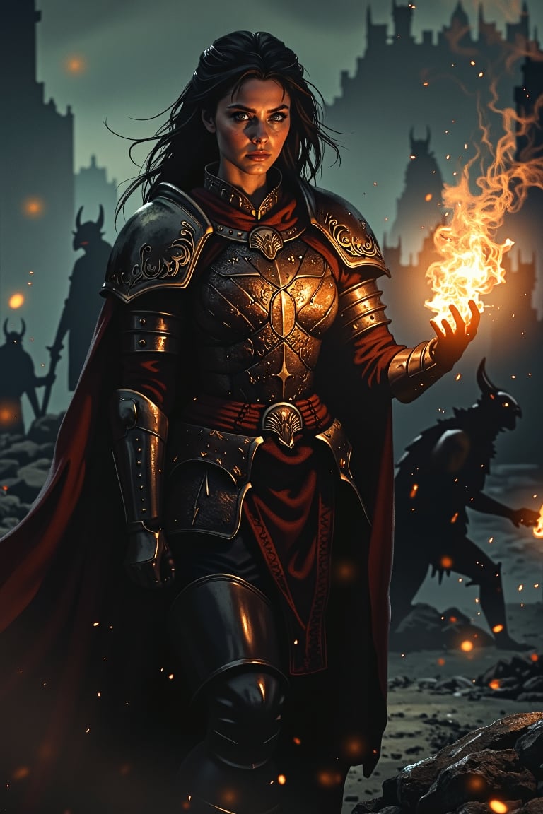 Cinematic portrait of a fearless medieval warrior woman, her determined gaze illuminating the foreboding darkness as she strides across the desolate landscape, fire torch ablaze in her steady hand. Intricate armor patterns gleam amidst misty veil, while hints of malevolent demons lurk in shadows, their dark silhouettes contrasting with warm golden light. Soft idyllic background whispers ancient mysticism, as warrior's resolute stride cuts through the eerie atmosphere. More detailing.