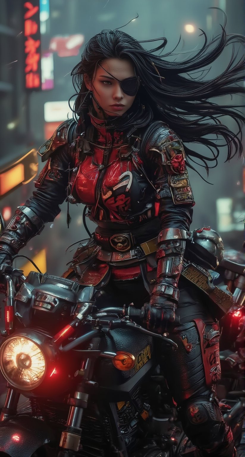 A gritty cyberpunk cityscape at sunrise, neon hues reflecting off rain-soaked streets. Extreme detailed character. Resin figure of A female samurai assassin, a pirate patch over one eye. Her face obscured by flowing long hair whipping features, she gazes out at the city's awakening chaos. The high-contrast motorcycle jacket emblazoned with glowing Japanese writing hums with energy, wires and nano-tech implants snaking across her shoulders like veins. Dark attire, as a skull-adorned sleeve serves as a gruesome reminder of her deadly profession. She's riding a bike. Bike In the style of Hideo Kojima, superb detail, It must not be commonplace, Must have a very complex structure, Must have a very high degree of randomness, Must be an image that no one has ever seen before, It has to be very original, Must have tremendous detail, It has to be of the highest artistic quality, It has to be the ultimate, Failure is not an option.,