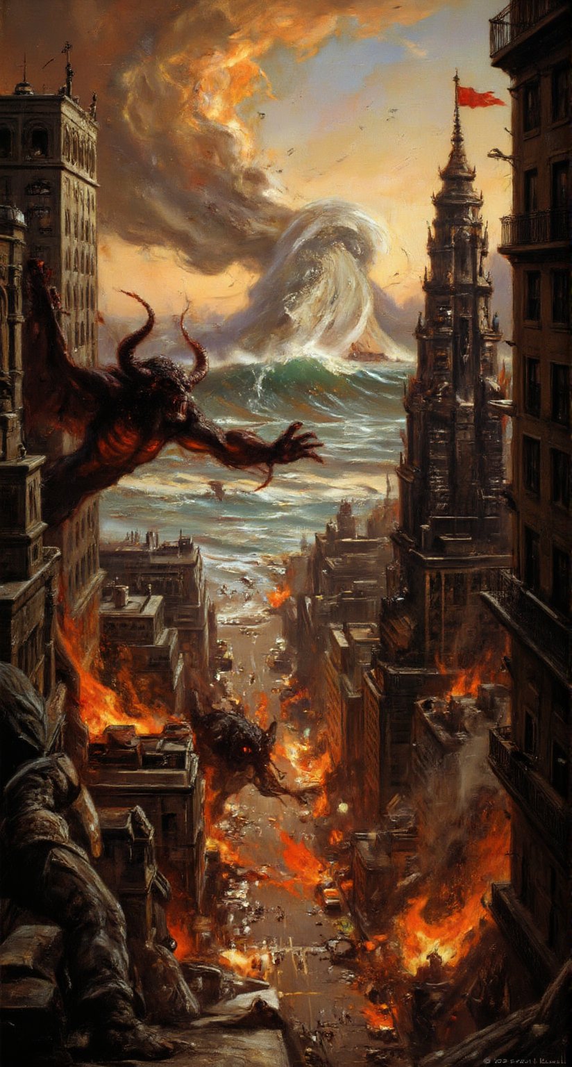 A hellish Armageddon unfolds: towering skyscrapers crumble amidst a churning dust cloud as gargantuan demons prowl the streets. In the background, a colossal tsunami wave ravages the shore, adding to the devastation. Flames and smoke engulf the smoldering cityscape, casting an infernal glow on the apocalyptic chaos. Stunning image by ZloyOrk style