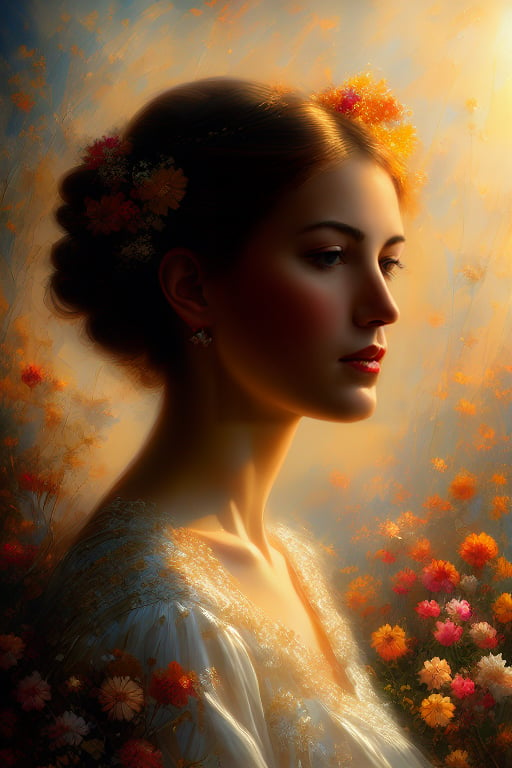 A warm, golden light envelops Dafne's serene countenance as she gazes softly into the distance, her features illuminated by Eric Alfaro's masterful brushstrokes within an ornate frame. Against a gradient background of delicate flowers, her gentle expression seems lost in thought, surrounded by the quiet contemplation that permeates the intimate oil painting.