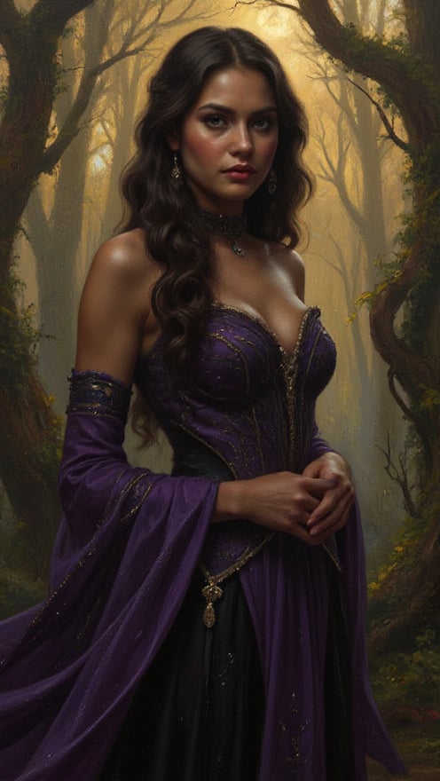 Oil painting style. A majestic of beautiful woman, spotlighting the ornate details of her purple and black attire, radiates confidence amidst an enchanted forest bathed in soft golden light. Her striking features, including long hair flowing like moonlit rivulets, command attention as towering trees loom in the background, their twisted branches weaving a hypnotic dance of twigs and leaves. oil painting