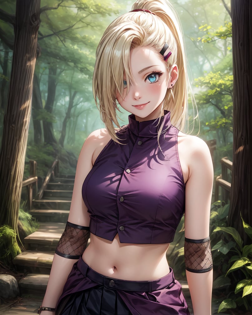 (best quality), masterpiece, 1 anime girl - ino yamanaka, konoha headband, hair over one eye, ponytail, hairclip, crop top, sleeveless, skirt, fishnets, earrings, miriff, cowboy shot view, light smile, old japanese forest, Yamanaka Ino, (8K wallpaper),(beautiful detailed eyes), beautiful, amazing, detailed eyes, (detailed skin)