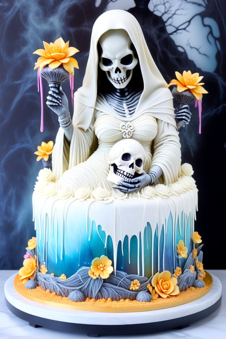 A buttercream cake sculpture full body closeup of a female Pocong with a skull face (the ghostly figure is swathed in a tattered death shroud), her large breasts are visible, its hollow eyes glowing with an otherworldly intensity. Mini figure by Aaron Horkey and Jeremy Mann, figure decorated in elaborate colorful designs,  displayed on a marble counter, there is buttercream frosting with iridescent gloss, sugar flowers, and piping, 
