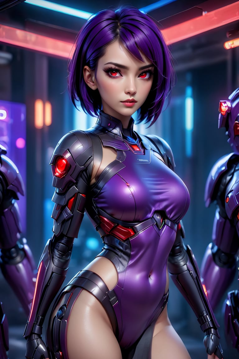 Photo Realistic, 8k. A hyper-detailed digital painting. A stunning concept art model, cyberpunk, scifi, futuristic inside a club 1girl, short dark purple hair, red eyes, big breasts, Android, gynoid wearing purple colored futuristic battle armor and weapon.
Postproduction and HDR enhance the image's quality, making it a masterpiece of ultra-realistic photography, shot at 8K resolution.