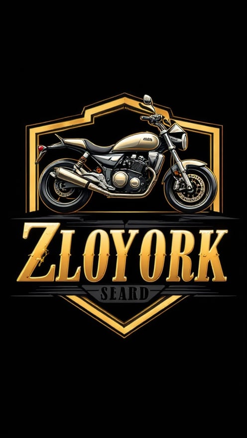 Logo badge. Design a modern and sleek logo that features a motorcycle at its core. The motorcycle should be stylized and dynamic, capturing the essence of speed and adventure. Surround the motorcycle with an elegant golden frame that highlights its form. Below or integrated with the motorcycle, incorporate the text 'ZloyOrk' in a bold and stylish font that complements the overall design. The color scheme should resonate with luxury, using gold prominently, along with contrasting colors to enhance the visual appeal