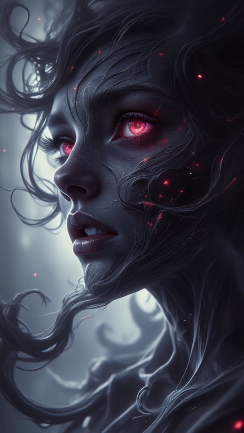 In this cinematic masterpiece, a phantasmagorical woman's silhouette materializes against a backdrop of black on white smoke layers, bathed in vibrant neon glow. Her anime-inspired portrait radiates sadness and menace, with intricately detailed features that seem to leap from the canvas. Her eyes, pools of crystal clear clarity, convey depth of sorrow and calculation. Finely detailed, ultra-detailed, high-res, absurdly resolute, her cute delicate face is framed by cinematic lighting, casting a best shadow. Beautifully detailed nose complete the portrait. The air thick with horror and nightmare fuel as this sadistic woman's form seems to writhe in agony, her existence a testament to blurred lines between sci-fi fantasy and darkest reality.