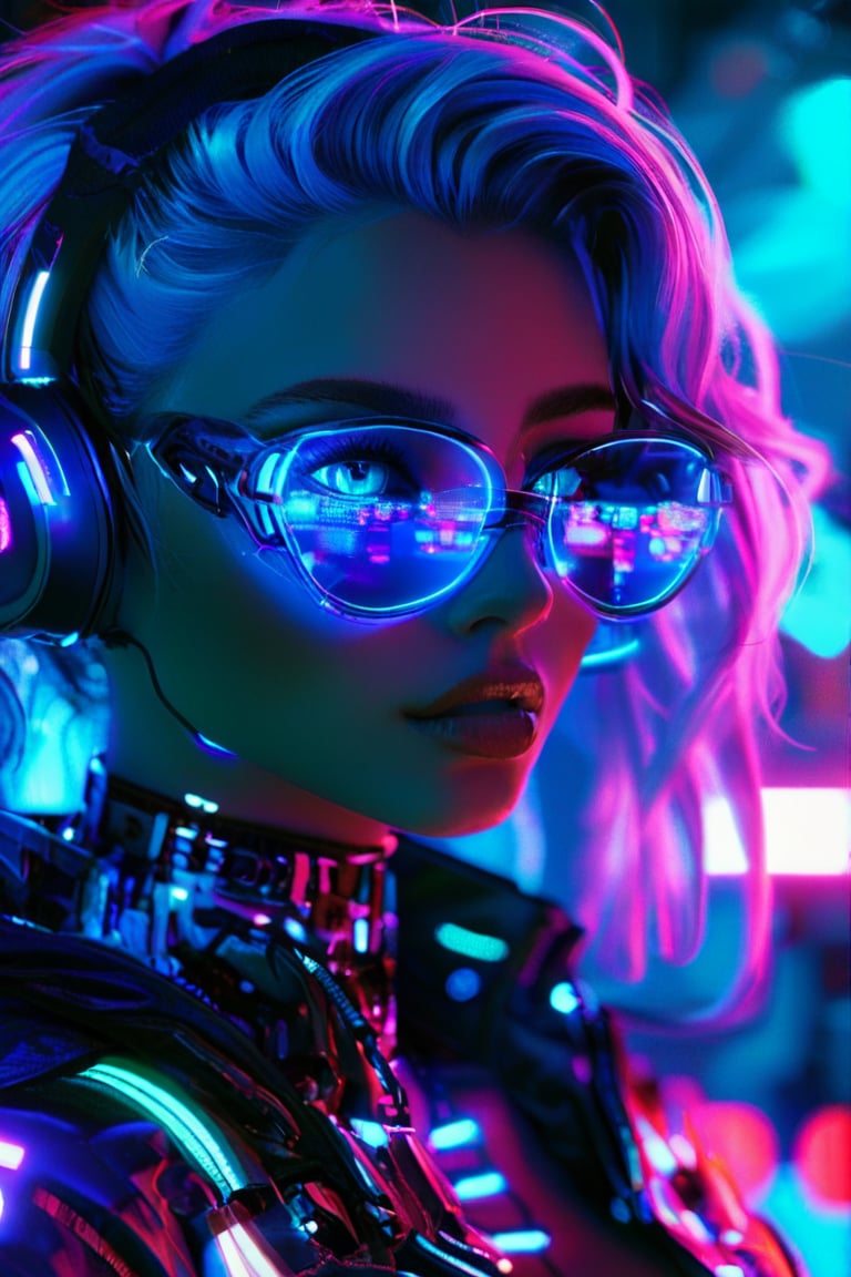 beautiful pale cyberpunk female, hyper detail, cinematic lighting, purple hair, emerald neon light city, 4k, trending on artstation, pixiv, perfect detail, Artstation illustrators, intricate details, face, passion smile, neon sunglasses, full body portrait, headshot, illustration, UHD, 4K, high resolution face, detailed face, high definition eyes, detailed eyes,cyberpunk style, cute face, anatomically correct, (sexy and aesthetic), (cybernetic, cyborg), color pallete, retro futuristic, space ship interior background, cyberpunk.