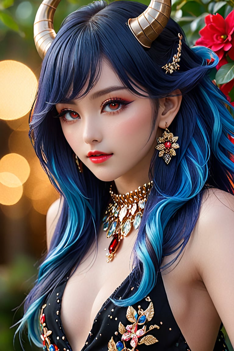 (best quality, 8k, 32k, masterpiece, UHD:1.2), highres, sharp focus, detailed outfit, absurdres, key visual, ++++, beautiful detailed hair, delicate details, *****, (((closeup, portrait, RAW, photoshop)), 1 girl, hypnotic young female with intricate headdress made of flowers and various jewels, glimmering, glittering, shining, lustrous, (very long shiny hair, silky straight hair, add volume to hair, multicolored hair, gradient hair, two-tone hair, black hair, blue hair:1.3), (fiercely glittering, gradient, golden red eyes), large hoop earrings, jewelry, parted lips, ((flushed cheeks, ultra long lashes, dark thick eyelashes, sharp black eyeliner, eyeshadow, flawless makeup)), cute, sweet, shy, flirtatious, beautiful, alluring, entrancing, hypnotic, enchanting, captivating beauty, (dynamic pose, dynamic angle), looking at viewer, nice hands, perfect hands, (Dutch angle view, looking at viewer, closeup, bokeh), (((detailed scenery, detailed backdrop)), (cinematic lighting, special effects), glitt3r, octane render, megapixel, perfect shadow, gyaru, tied shirt, open clothes, bikini, leopard print, Vermeil, blue hair, red eyes, horns, 1girl