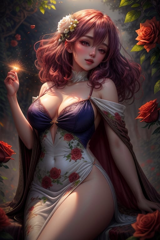 Here's a high-quality, coherent, and stable diffusion prompt:
A stunning image of Pretty Woman Vermeil, surrounded by lush red roses, as if plucked from a romantic fairytale. She's adorned in a flowing white long frock adorned with intricate prints of crimson roses, the fabric seeming to glow with an ethereal light. The delicate petals cascade around her, like a velvet cloak, accentuating her porcelain complexion and fiery locks, which seem to radiate warmth amidst the cool, crimson haze.