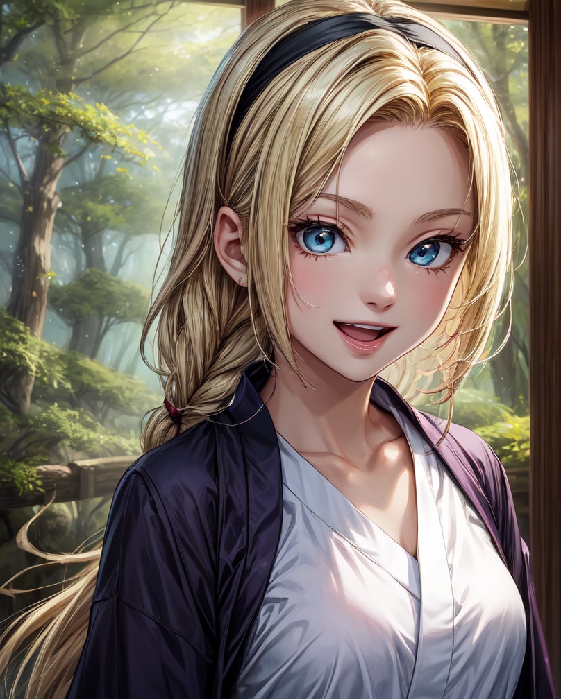 (best quality), masterpiece, 1 anime girl - ino yamanaka, konoha headband, blonde hair, single braid, looking at viewer, full_body, best quality, masterpiece, medium nipp, smile, open mouth, purple hair, old japanese forest, Yamanaka Ino, (8K wallpaper),(beautiful detailed eyes), beautiful, amazing, detailed eyes, (detailed skin)