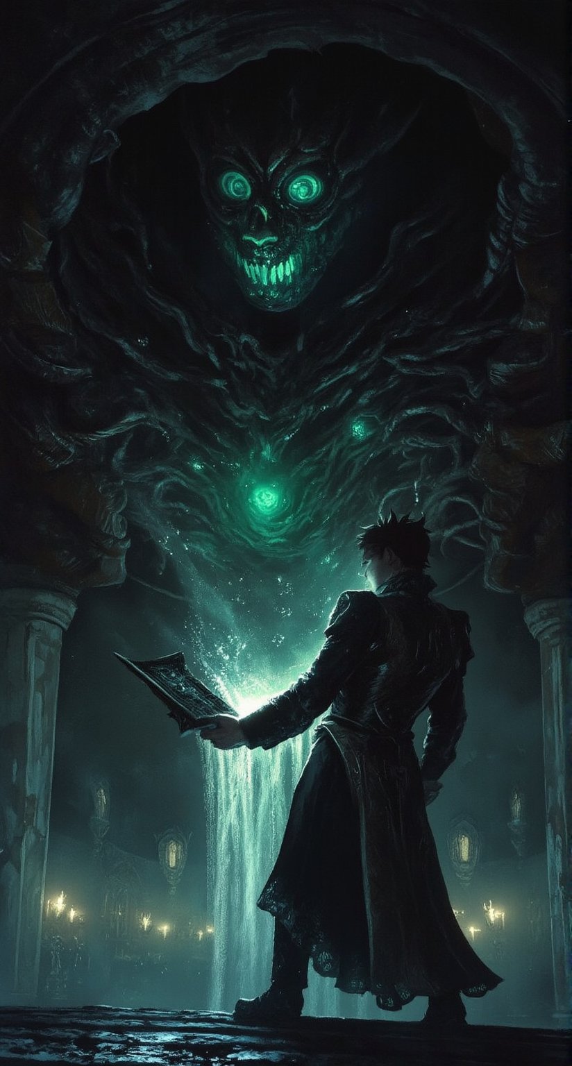 A corrupted necromancer stands in a dimly lit chamber, his hands grasping an ancient tome as he unleashes a powerful spell. The air is thick with the scent of decay and forbidden magic. His eyes glow with an otherworldly energy as he summons a portal to a dimensional universe. The darkness seems to writhe and twist around him like living shadows. Suddenly, a terrifying demon begins to emerge from the swirling vortex, its twisted form illuminated only by the faint flicker of candles in the background.