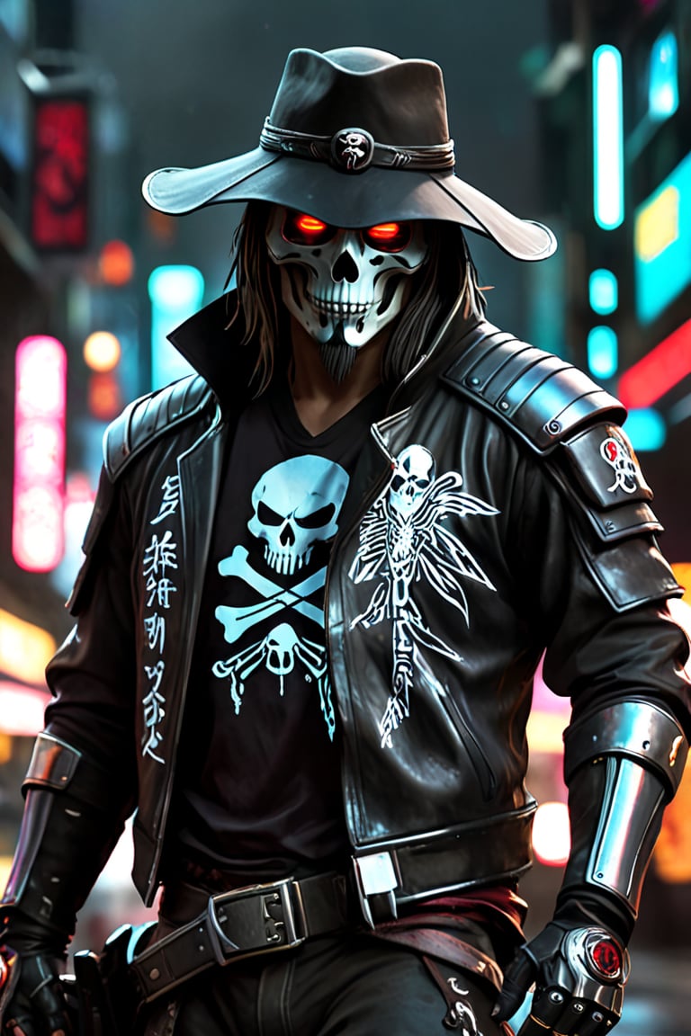 ((masterpiece)), ((best quality)), (((photo Realistic))),
In this gritty, high-contrast Assassin-inspired cyberpunk scene, a lone cyborg samurai assassin stands in a sharp fight stance, fists clenched and ready to strike. The assassin's face is obscured by a large, wide-brimmed hat with a pirate patch over one eye. A flowing mane of long hair whips around his skull-like features as he gazes out into the distance.

The assassin wears a high-collared motorcycle jacket adorned with Japanese writing on the back, which seems to glow with an otherworldly energy in the dim light. Wires and nano-tech implants snake across his shoulders, giving him a cybernetic edge. A simple, solo background of dark grey and bleached white creates a striking contrast with the assassin's dark attire.

In the distance, a Synthwave-inspired sunrise scene unfolds, with neon-lit cityscapes bleeding into the horizon. Japanese flags flutter in the wind, adding to the atmospheric tension. A skeleton-like skull adorns the assassin's jacket sleeve, a gruesome reminder of his deadly profession.