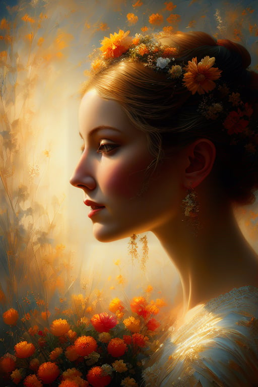 A warm, golden light envelops Dafne's serene countenance as she gazes softly into the distance, her features illuminated by Eric Alfaro's masterful brushstrokes within an ornate frame. Against a gradient background of delicate flowers, her gentle expression seems lost in thought, surrounded by the quiet contemplation that permeates the intimate oil painting.