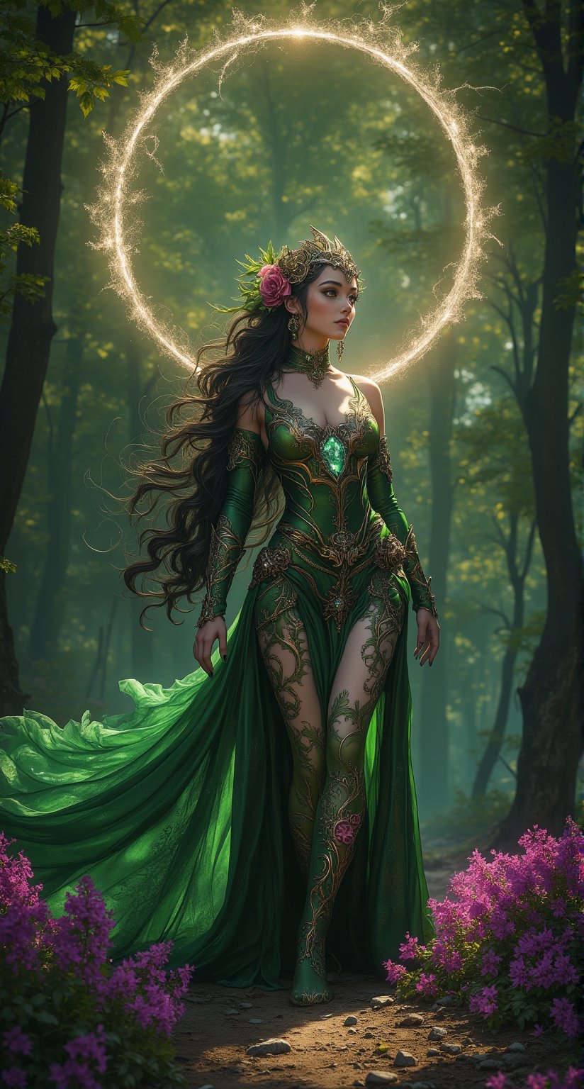 A mesmerizing image unfolds: in a sun-dappled forest glade, the 35-year-old passion elf stands tall, her ethereal features illuminated by gentle morning light. Crimson silk cascades down her shoulders like a waterfall of night, while delicate green armor wraps around her curvaceous form. A crown of flowers adorns her raven tresses, and leaf-patterned pantyhose adds subtle flair to her divine visage. Her emerald eyes sparkle like gemstones, set amidst a masterpiece of beauty that defies mortal comprehension.

As she moves, a gorgeous sacred pink pattern spreads across her arms and torso, as if the essence of magic had been distilled into her being. Her skin is taut and unblemished, with a subtle sheen hinting at power coursing through her veins. The air comes alive with vibrant color visual effects as black and white threads entwine, mimicking the intricate crystal formations adorning her being.

In this mystical forest, where moonlight weaves a silver tapestry across the floor, the sorceress emerges from shadows, striking a pose that emphasizes her impressive bosom beneath a tulle cape unfurling like a cloud.