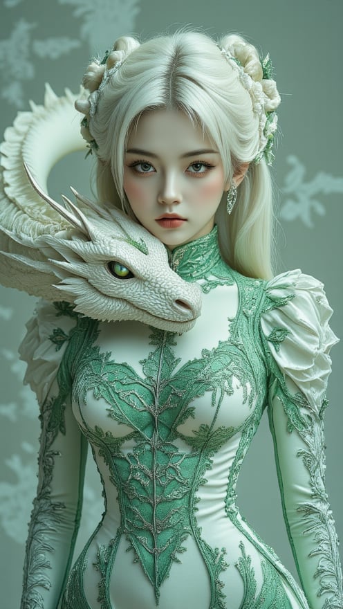 Extreme full body portrait of a woman, piercing eye, wisps of white hair visible, looking at viewer, reflecting the intricate emerald lace of her gown and the shimmering scales of a white dragon