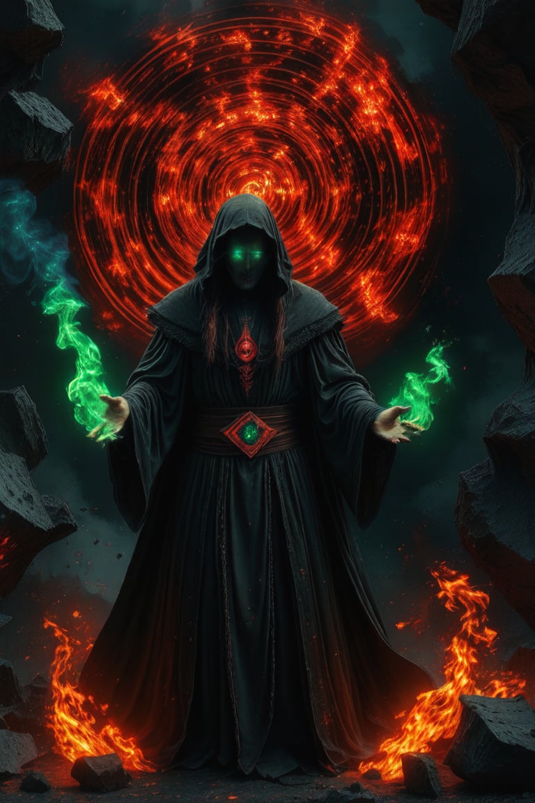 Extreme full body portrait of a Infernal Necromancer Magician, with magical orb (acid green flame) complex construction, Abstract background with chaotic intersected relief circles pattern over old black stones texture, 12K, HD, hyper detailed in burning hell, (piercing dark ruby flame eyes)+, vibrant colors, masterpiece, 12K, UHD, upperbody portrait, depth of field, 12K, HD, ultra high definition,