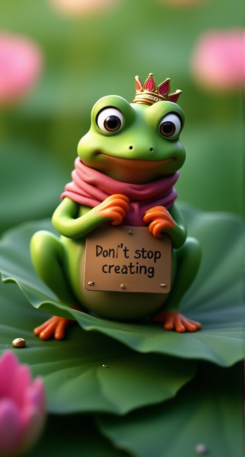 Meme, A 3d cartoon style frog sexy pose on a lotus leaf, (There is a label on the leaf with the inscription "Don't stop creating" on it) knitting a silk scarf with needles and crown. Luxury makeup on her face, The frog's expression is joyful and focused, with its tiny hands carefully working on the scarf. Surrounding it are blooming lotus flowers, adding soft pinks and whites to the vibrant green setting. The scene is whimsical and enchanting, with the frog's scarf growing longer as it knits, creating a charming, magical atmosphere. 