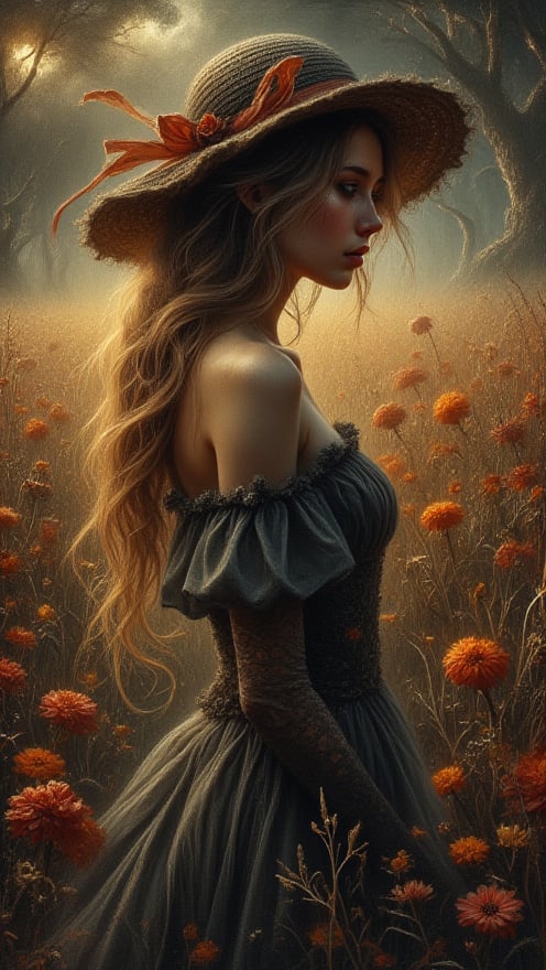 A dreamy oil painting captures a hauntingly beautiful moment: a statuesque woman stands tall within a lush wildflower meadow bathed in warm sunlight. Her golden locks cascade down her back, tied with a summer hat adorned with a jaunty ribbon, as she gazes wistfully into the distance, lost in thought. Framed from head to toe, her pose amidst vibrant flora exudes an air of melancholic longing, with the gentle glow illuminating her porcelain skin and wildflower-entwined hair, evoking mystery and unease in this dark and foreboding scene.