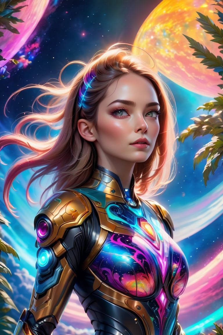 Photo Realistic, 8k. A hyper-detailed digital painting of a female cyborg warrior stands, clad in a dazzling latex suit that shimmers with kaleidoscopic hues, emerges from a swirling aurora-filled sky. She stands confidently on a bioluminescent terrain, surrounded by neon-lit flora and fauna, as a rocket blasts off into the distance behind her. The air is electric with ethereal sounds, and the space helm on her head refracts the vibrant colors of the planet's atmosphere. Capture this psychedelic vision in a single frame, with the space girl at its center, set against a backdrop of swirling clouds and radiant hues.