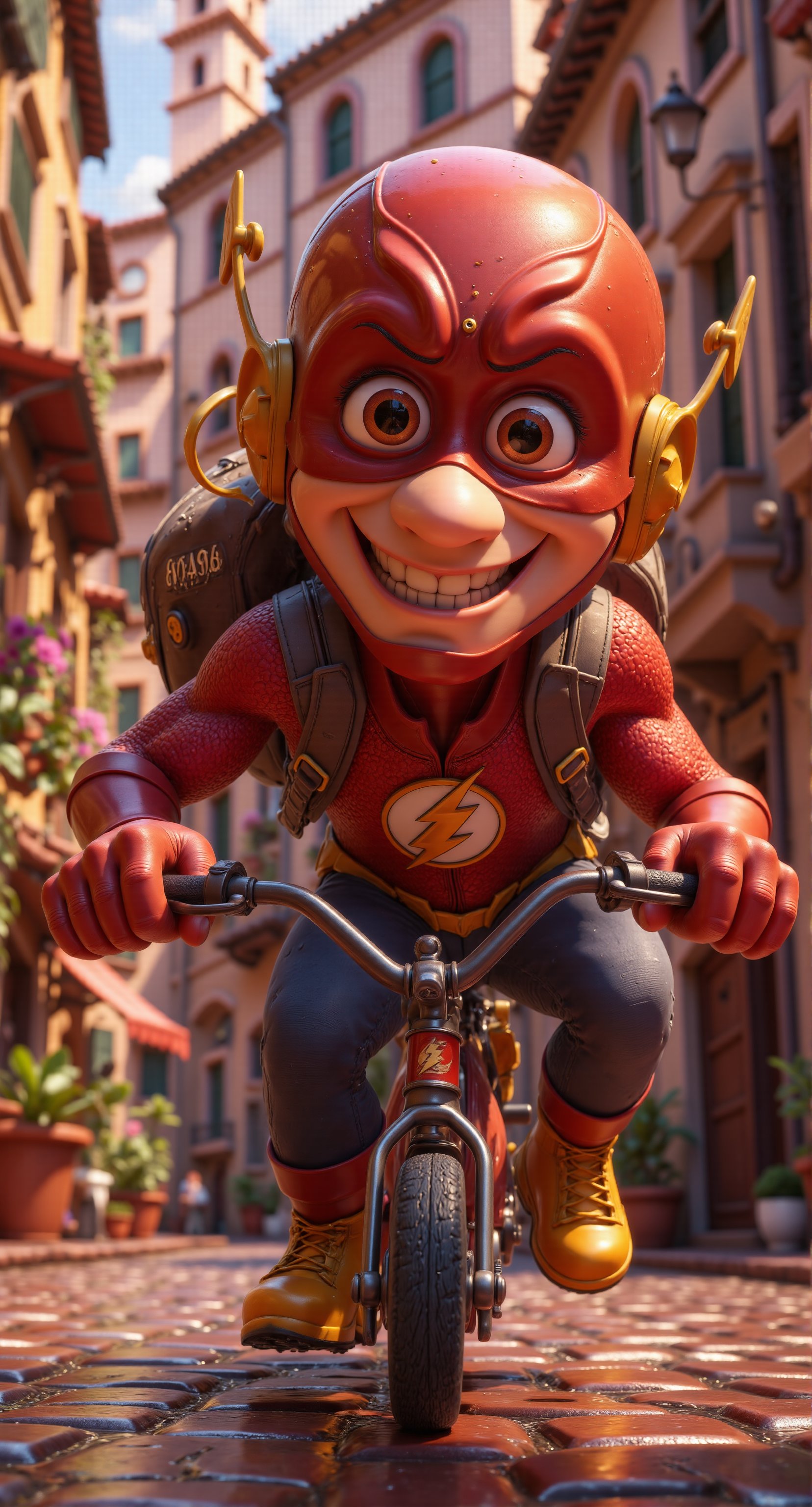 Meme, A 3d cartoon style, Superhero Flash is riding a bike down the street, on his back he has a large courier bag with the inscription "Aliexpress" on it.