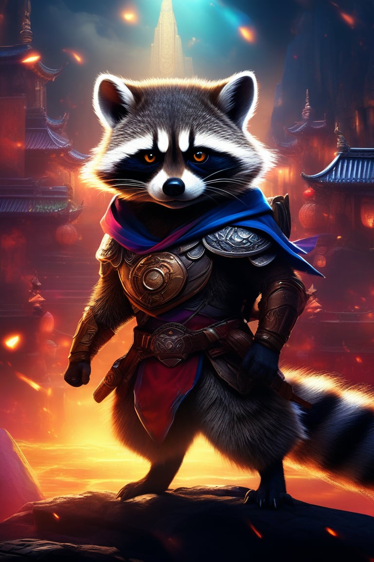 Masterpiece, professional, award-winning, intricate details, ultra high detailed, 64k, dramatic light, volumetric light, dynamic lighting, Movie Aesthetic, action shot, photo real, cinematic moviemaker style. Cute Raccoon anthropomorphism, super hero, amazing epic ancient theme, cinematic, stunning, realising lighting and shading, vivid, vibrant, unreal engine, concept art