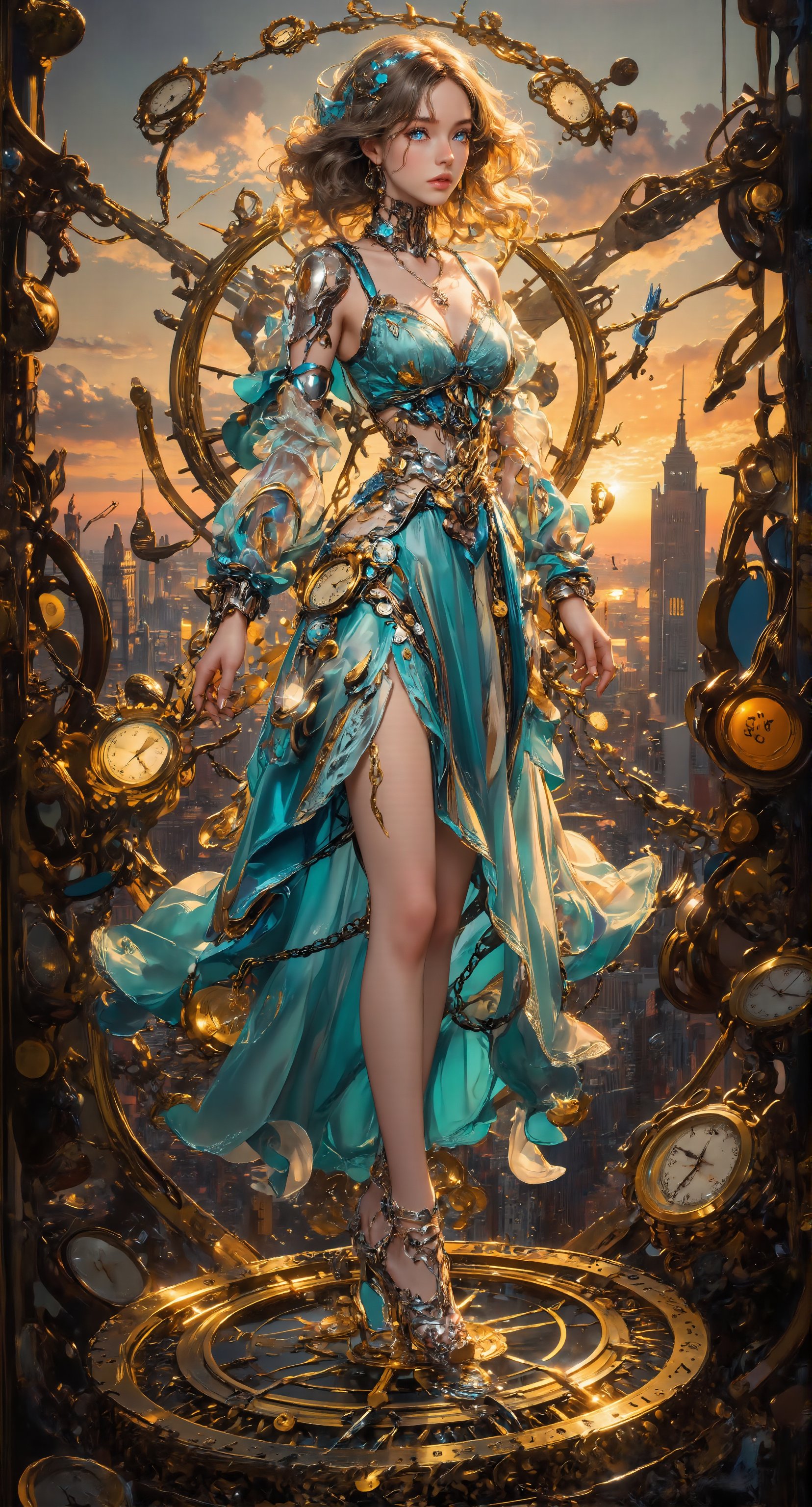 Extreme full body portrait  A stunning young woman, showcasing delicate facial expressions amidst intricate mechanisms glinting with warm golden light of sunset. Teal and silver accents adorn her robotic body, precision and beauty emanating from porcelain-like skin. Her dress, adorned with tiny clocks, flows down to chain-encrusted shoes shaped like sundials, surrounded by cityscape of gears and girders. Timepieces float around her, suspended in mid-air, adding dreamlike atmosphere to steampunk metropolis.,Resin,Color