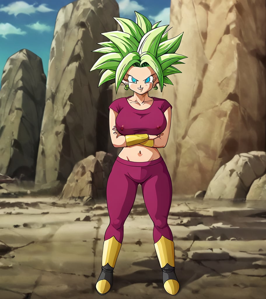 Character Kefla from the anime Dragon Ball Super, 1 girl, saiyan girl, lime green hair, long hair, light blue eyes, angry eyes, smiling, smile, potara earrings, green portara earrings, top t-shirt, magenta t-shirt, sleeveless t-shirt , gold bracelets, magenta hoodie, gold boots, black boots, voluptuous body, chest cleavage, huge breasts, very large breasts, puffy nipples, focus on the chest, boob cleavage, giant tits, giant breasts, stomach exposed, visible navel, wide hips, fat hips thick thighs, fat thighs, fat legs, standing, dragon ball capsule corporation background, dragon ball landscape, kefladb