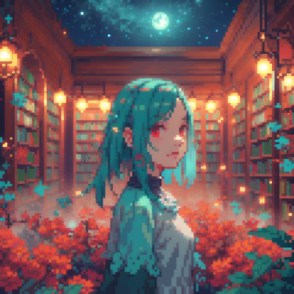 (RAW photo, best quality), (realistic, photo-Realistic:1.1)A channel avatar featuring a prominent ancient reed in a library hall at night, rendered in a highly realistic and photo-realistic style, enhanced by a 1.1 modifier. The ambiance is eerie and enchanting, with a soft color scheme primarily of red, green, and blue, all within the pixel art style. The deep depth of field adds to the immersive and captivating quality of the image, making the reed the focal point of a scene that exudes mystery and wonder.