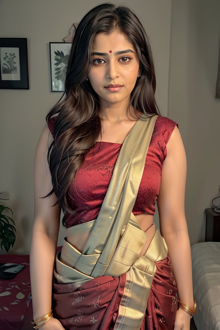 A vibrant and colorful image of a stunning Indian 26 year old girl posing elegantly in a beautiful traditional saree. Framed against a warm golden background, she stands with confidence, her saree intricately draped around her figure, with a subtle smile playing on her lips. Soft natural light illuminates her face, accentuating her features. The composition is straightforward, with the bhabhi centered in the frame, surrounded by negative space to emphasize her presence.