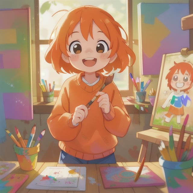 A joyful image of a girl wearing an orange sweater, her expression bright and content as she paints with enthusiasm. The setting is an art studio or a cozy corner, with brushes and colorful paints scattered around her. The lighting is soft and natural, casting a warm glow that complements the vibrant hues of her artwork and sweater. The composition captures her in a dynamic pose, brush in hand, with the orange sweater standing out against the creative backdrop, emphasizing her happy and engaged state.