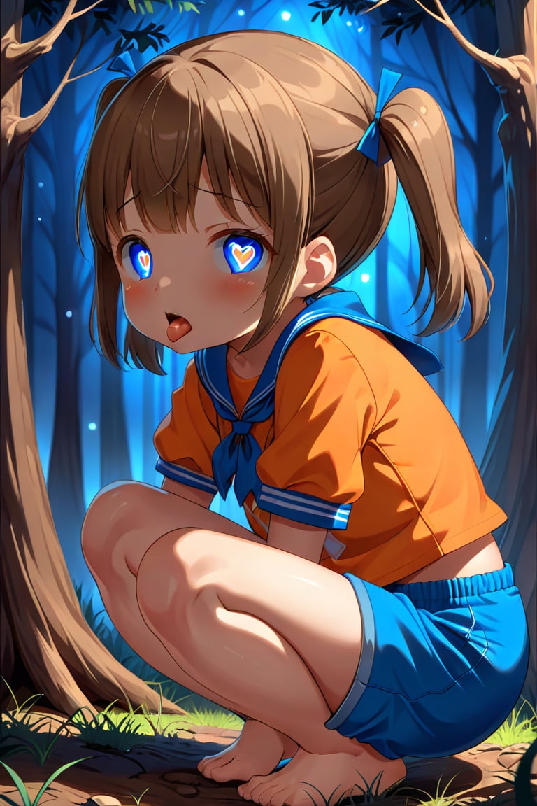 loli, cum face, sideview, twin tails, brown hair, night forest, scout , orange shirt, blue shorts, looking_at_viewer, heart_shaped_pupils, sticking_out_tongue, squatting