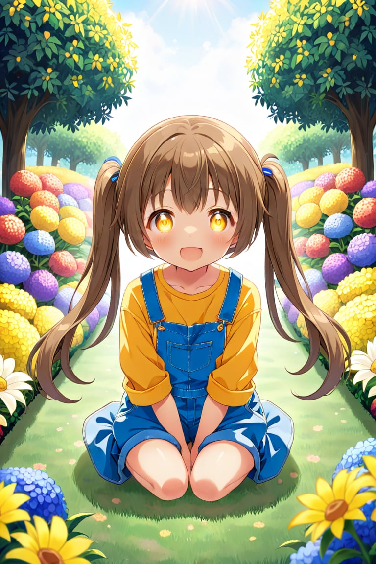 loli hypnotized, happy_face, yellow eyes, brown hair, front_view, twin_tails, flowers garden, yellow shirt, blue overalls, sitting