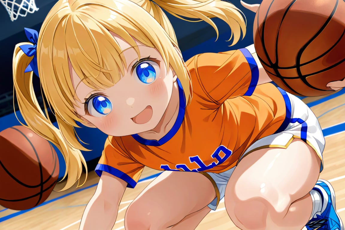 loli, happy_face, yellow hair, down_view, twin_tails, blue_eyes, basketball, orange shirt, white shorts, squatting