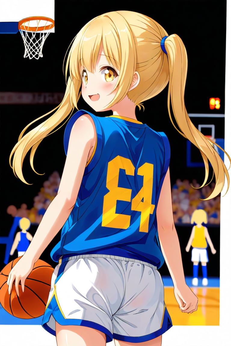 loli, happy_face, yellow hair, back_view, twin_tails, yellow_eyes, basketball, blue shirt, white shorts, 