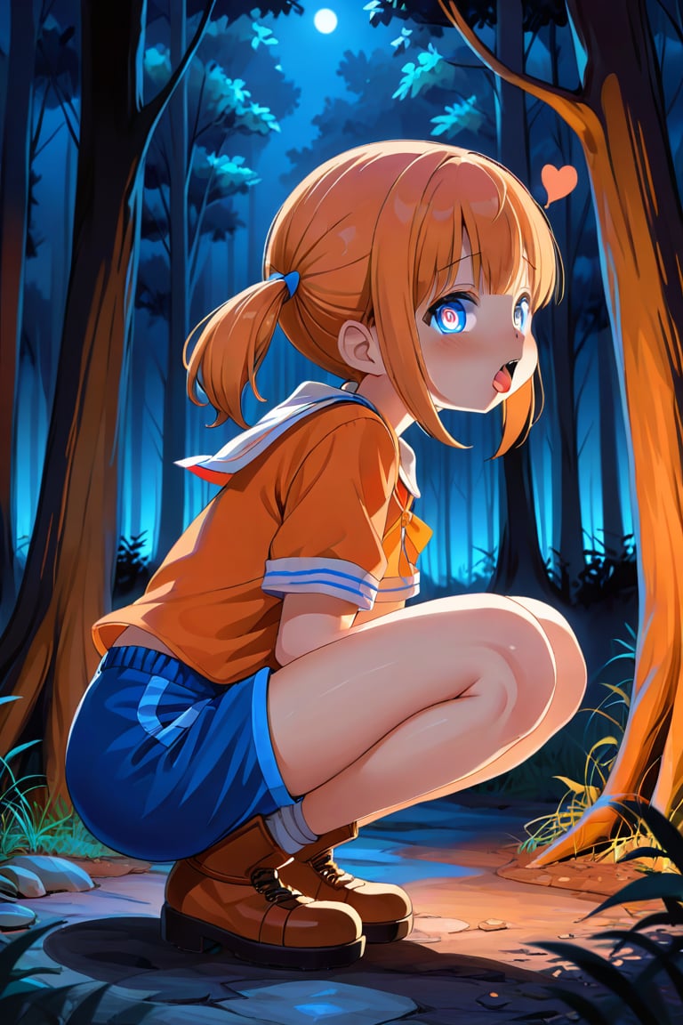 loli, cum face, sideview, twin tails, orange hair, night forest, scout , orange shirt, blue shorts, looking_at_viewer, heart_shaped_pupils, sticking_out_tongue, squatting