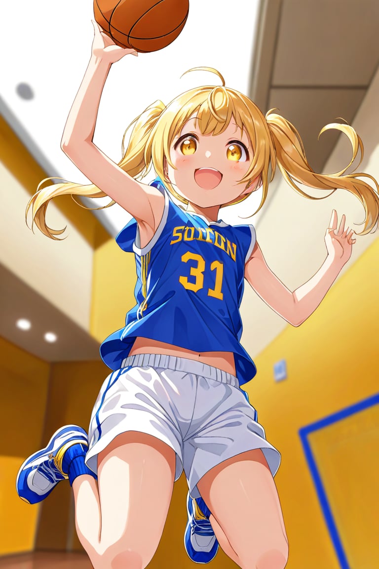 loli, happy_face, yellow hair, down_view, twin_tails, yellow_eyes, basketball, blue shirt, white shorts, jumping