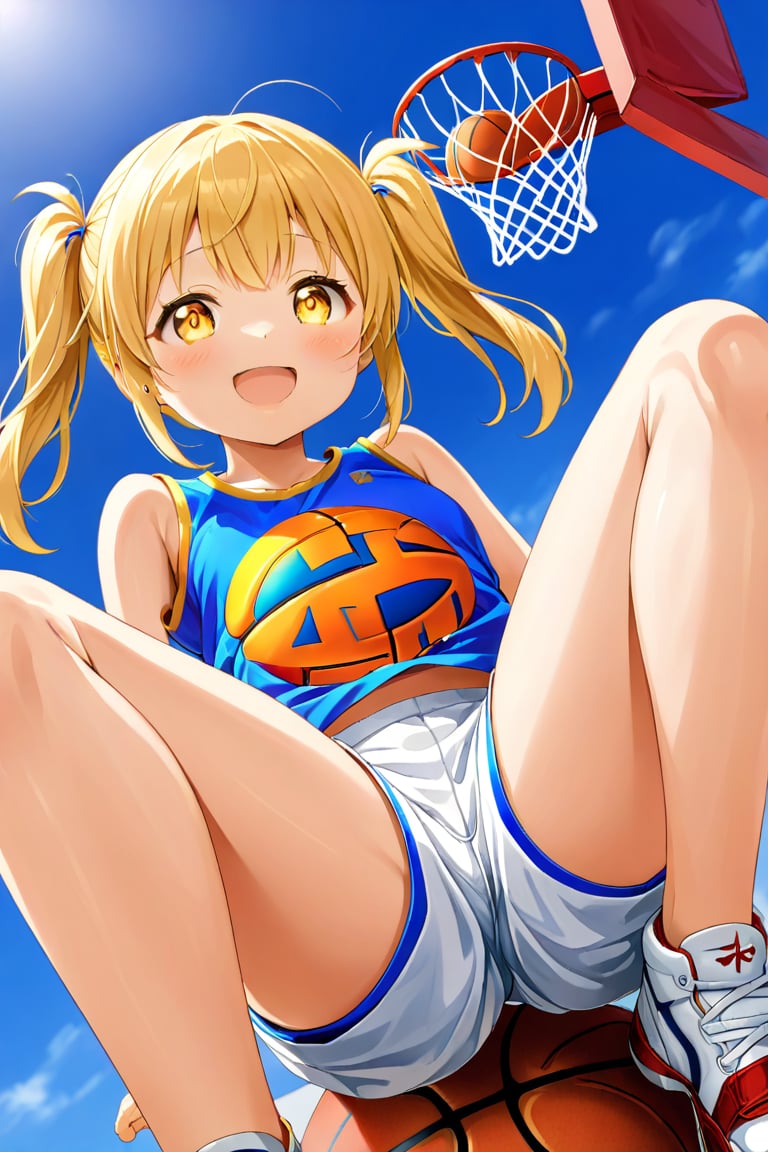 loli, happy_face, yellow hair, down_view, twin_tails, yellow_eyes, basketball, blue shirt, white shorts,  sitting_down, open legs