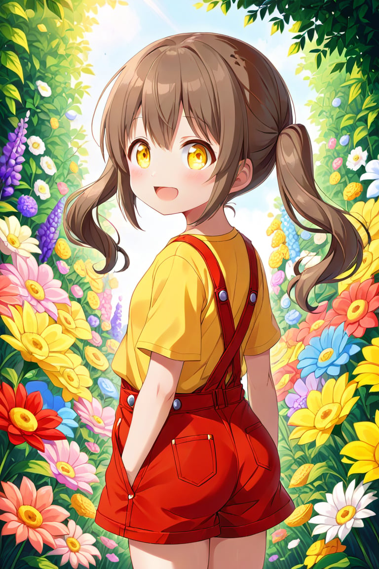 loli hypnotized, happy_face, yellow eyes, brown hair, side_view, twin_tails, flowers garden, yellow shirt, red overalls, 