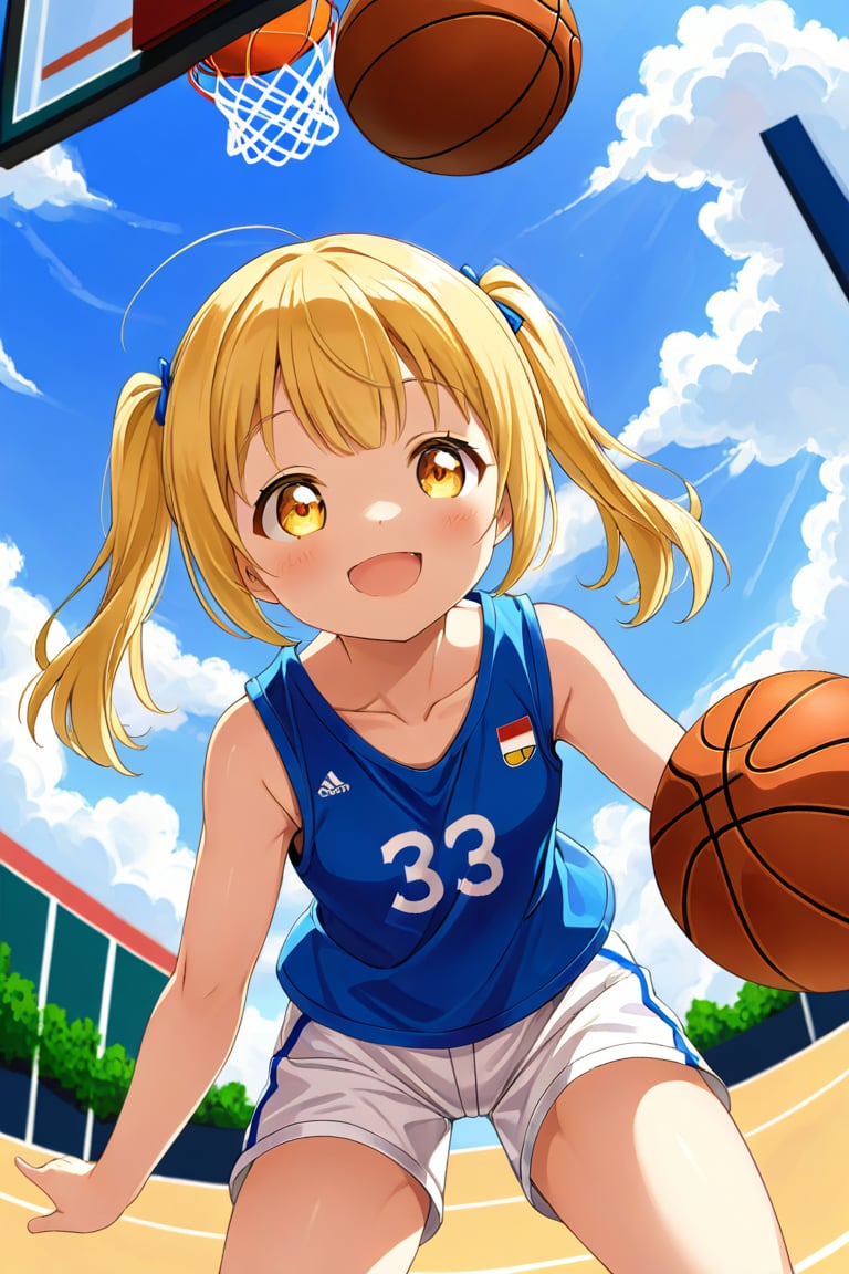 loli, happy_face, yellow hair, down_view, twin_tails, yellow_eyes, basketball, blue shirt, white shorts,