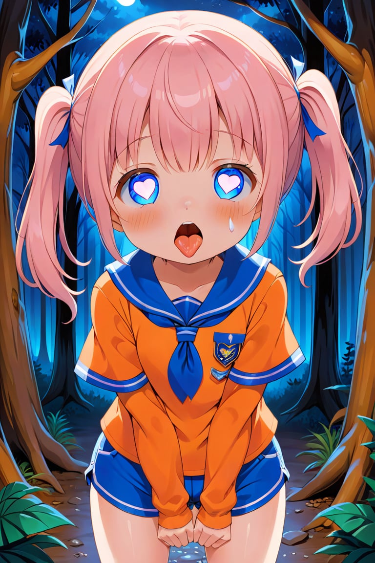 loli, cum face, front view, twin tails,pink hair, night forest, scout , orange shirt, blue shorts, looking_at_viewer, heart_shaped_pupils, sticking_out_tongue