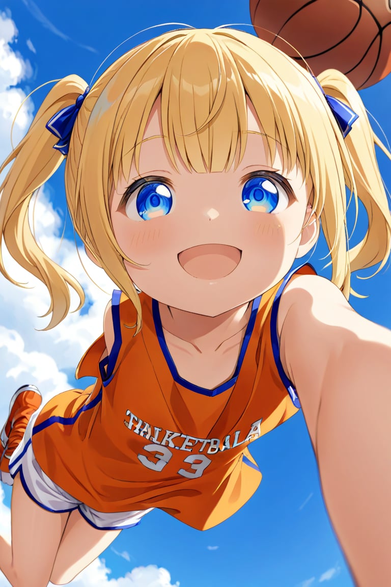 loli, happy_face, yellow hair, down_view, twin_tails, blue_eyes, basketball, orange shirt, white shorts, lying