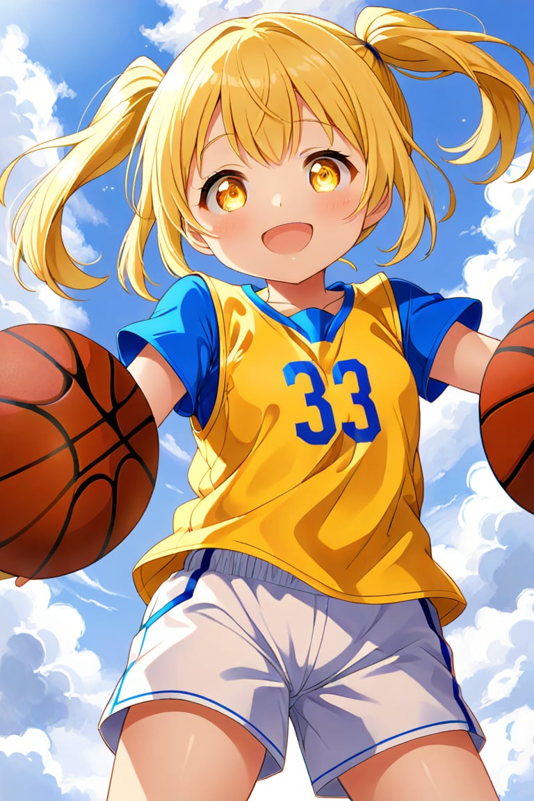 loli, happy_face, yellow hair, down_view, twin_tails, yellow_eyes, basketball, blue shirt, white shorts,