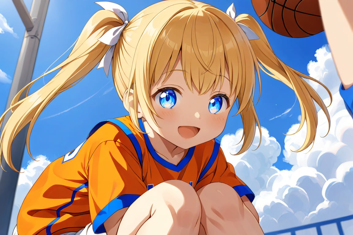 loli, happy_face, yellow hair, down_view, twin_tails, blue_eyes, basketball, orange shirt, white shorts, squatting