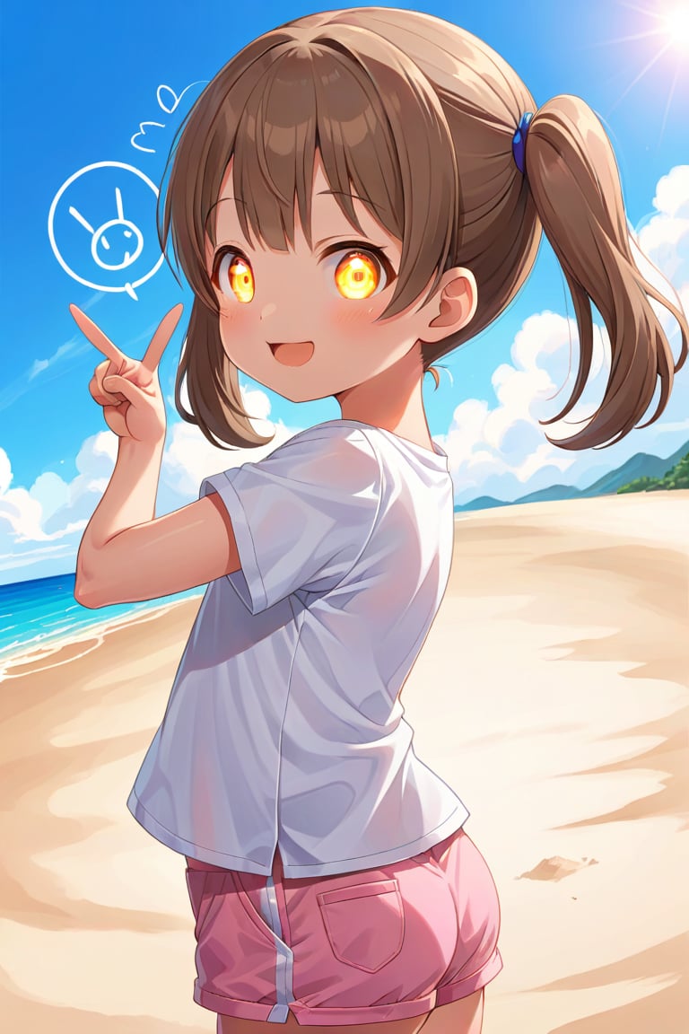 loli hypnotized, happy_face, yellow eyes, brown hair, side_view, twin_tails, beach, white shirt, pink short pants, peace fingers