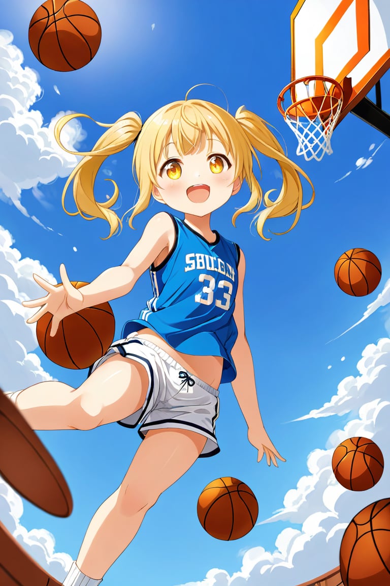 loli, happy_face, yellow hair, down_view, twin_tails, yellow_eyes, basketball, blue shirt, white shorts, jumping