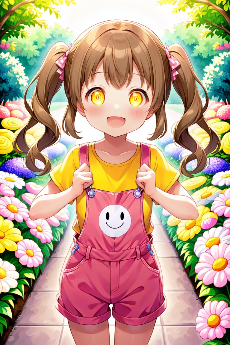 loli hypnotized, happy_face, yellow eyes, brown hair, front_view, twin_tails, flowers garden, yellow shirt, pink overalls, 