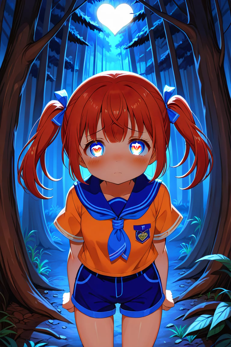 loli, sad face, front view, twin tails, red hair, night forest, scout , orange shirt, blue shorts, looking_at_viewer, heart_shaped_pupils, 