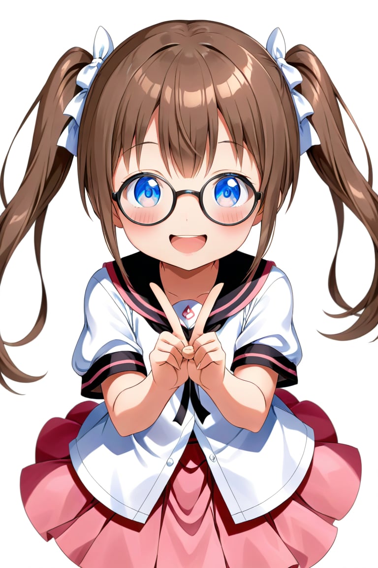 loli, brown hair, happy_face, front_view, twin_tails, blue_eyes, movie, white shirt, pink skirt, black glasses, peace_gesture